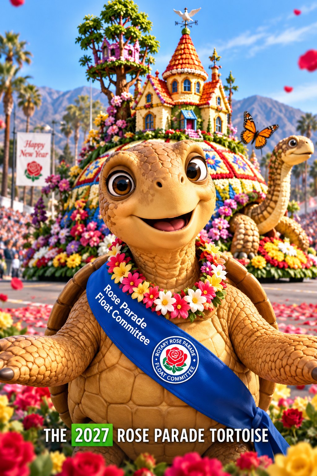 Torry, the 2027 Rose Parade Tortoise, wearing a Rose Parade Float Committee sash in front of a flower-covered float.